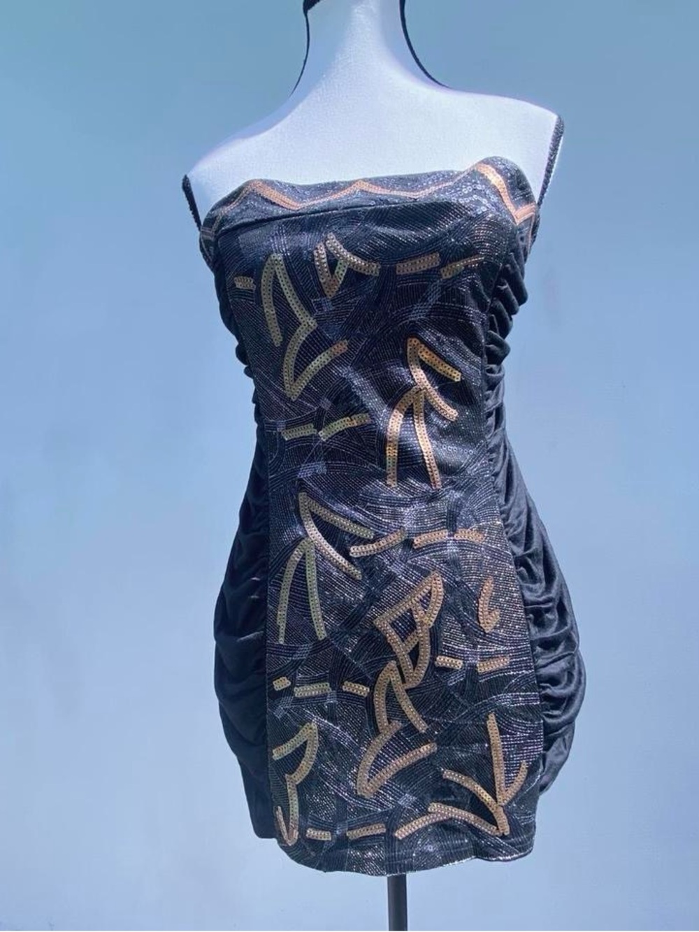 Y2K Black & Gold Sequin Ruched Panel Strapless Top Size Large